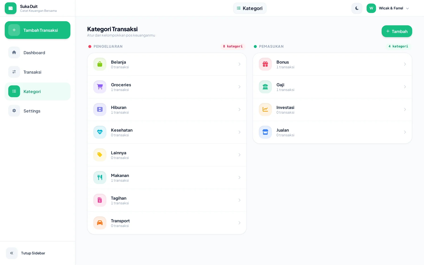 Kelola kategori dan budget Suka Duit di desktop