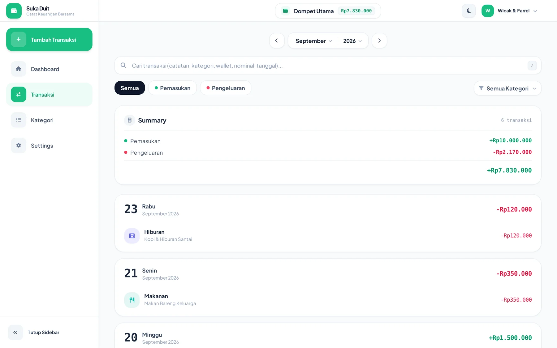Riwayat transaksi Suka Duit di layar desktop