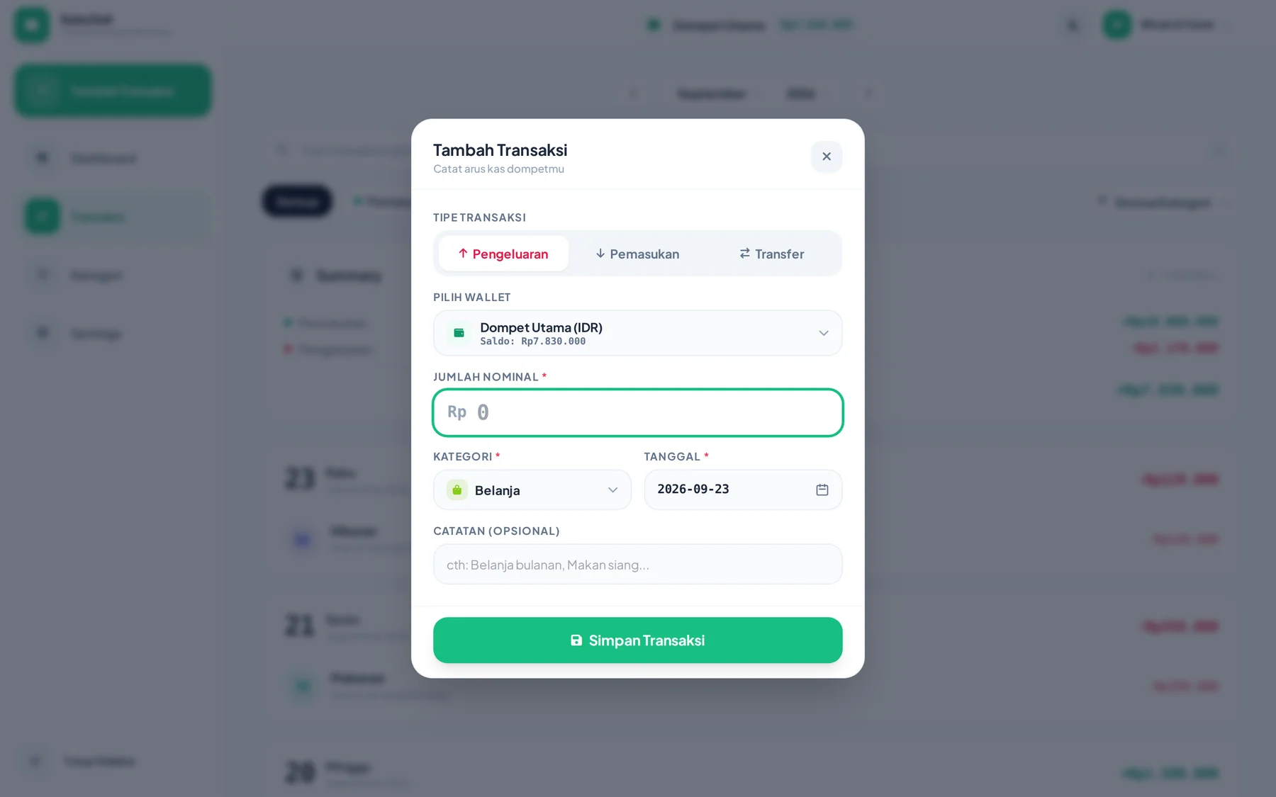 Input transaksi Suka Duit di layar desktop