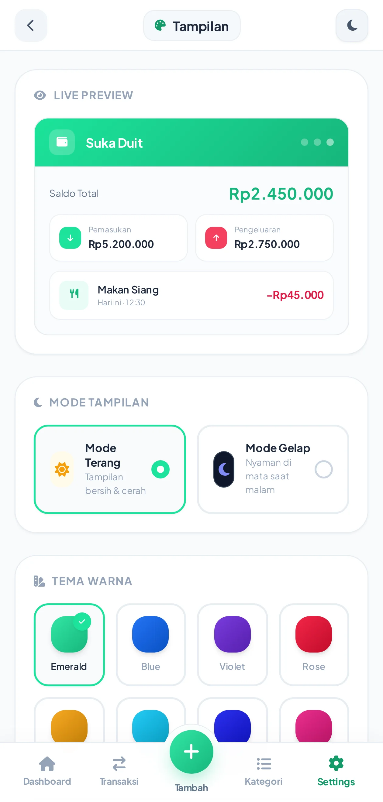 Pengaturan tampilan Suka Duit