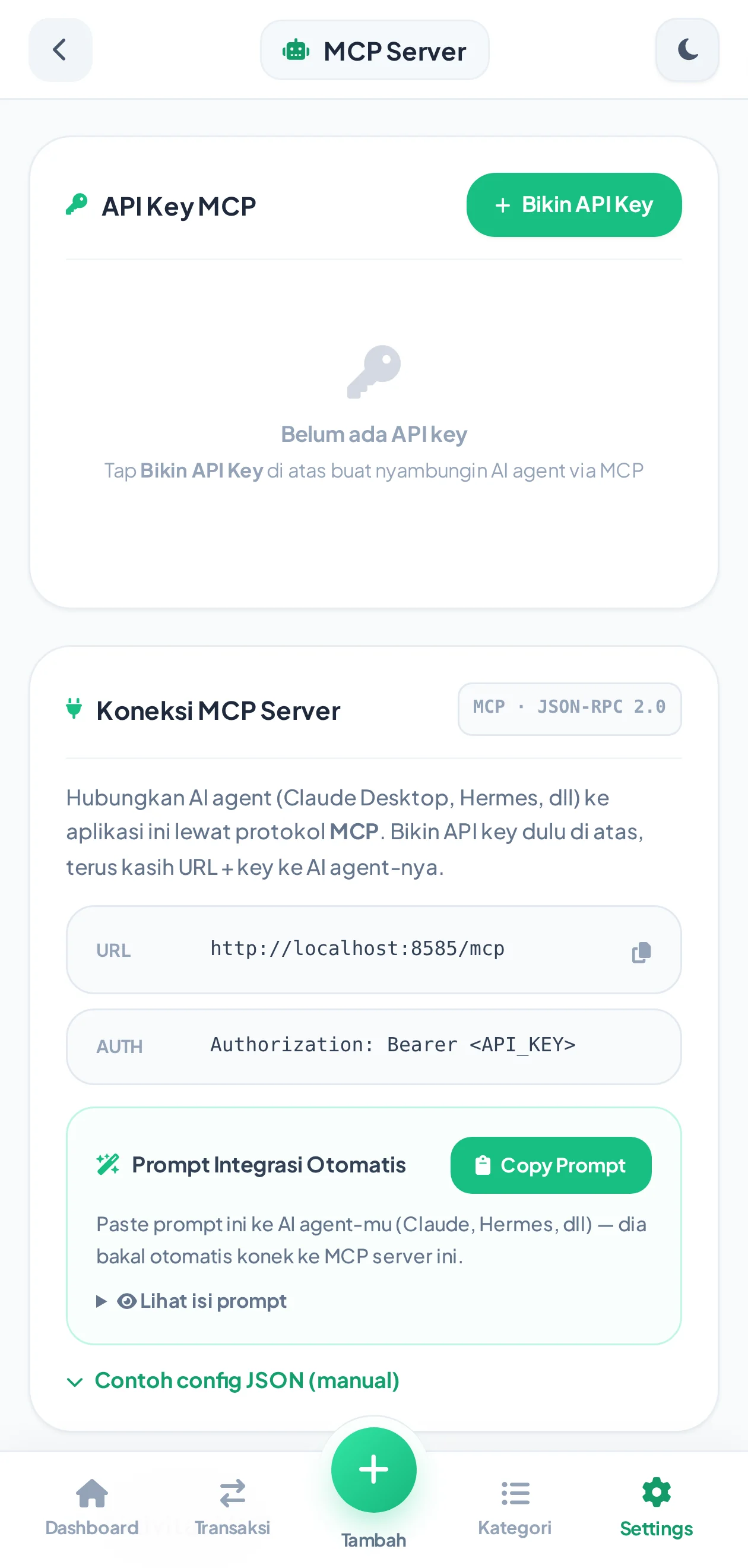 Pengaturan AI assistant MCP Suka Duit