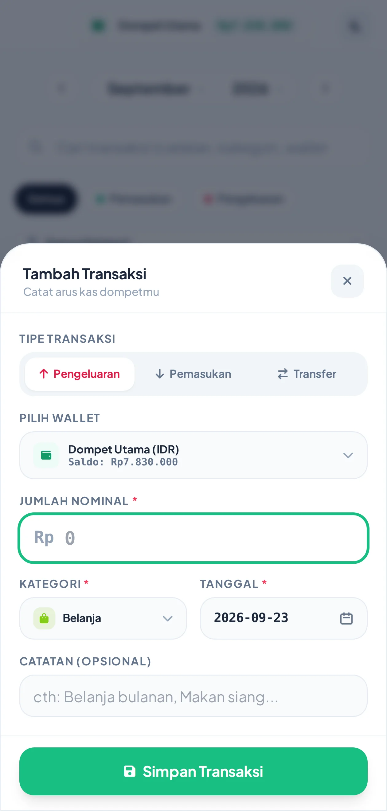 Form tambah transaksi Suka Duit