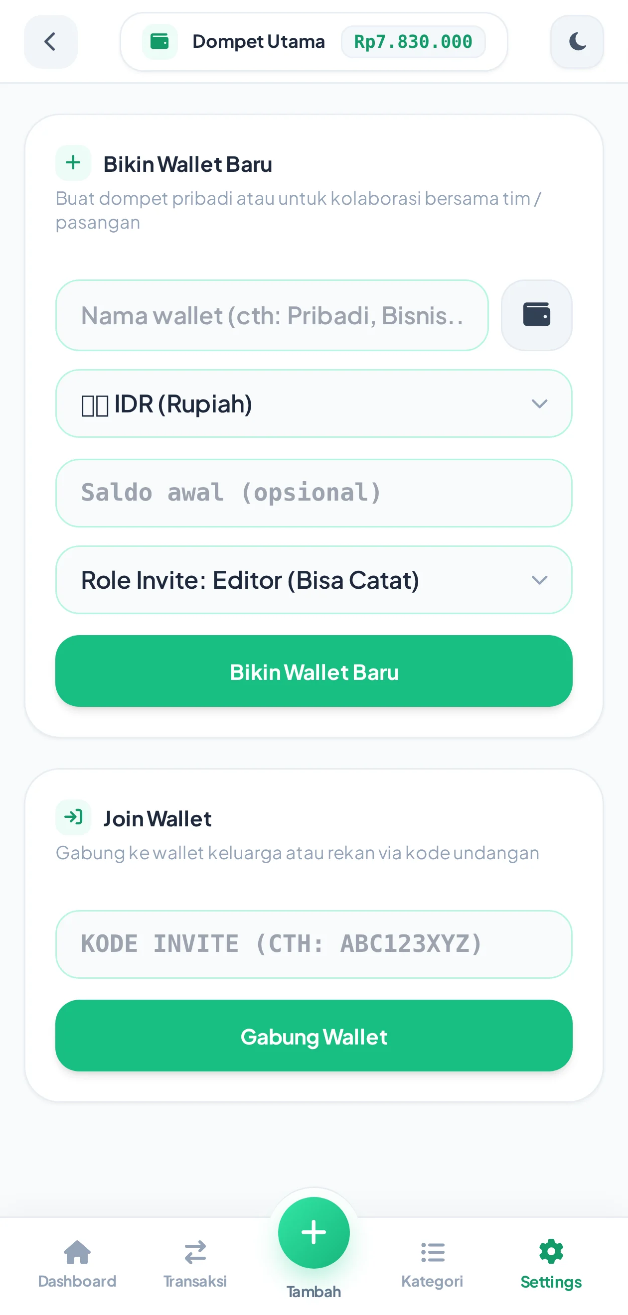 Halaman membuat dompet baru dan bergabung via kode undangan di Suka Duit